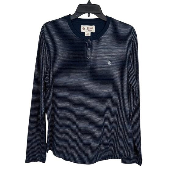 Original Penguin Striped Long Sleeve Henley Shirt Navy Blue Cotton Blend Mens Si - Picture 2 of 8